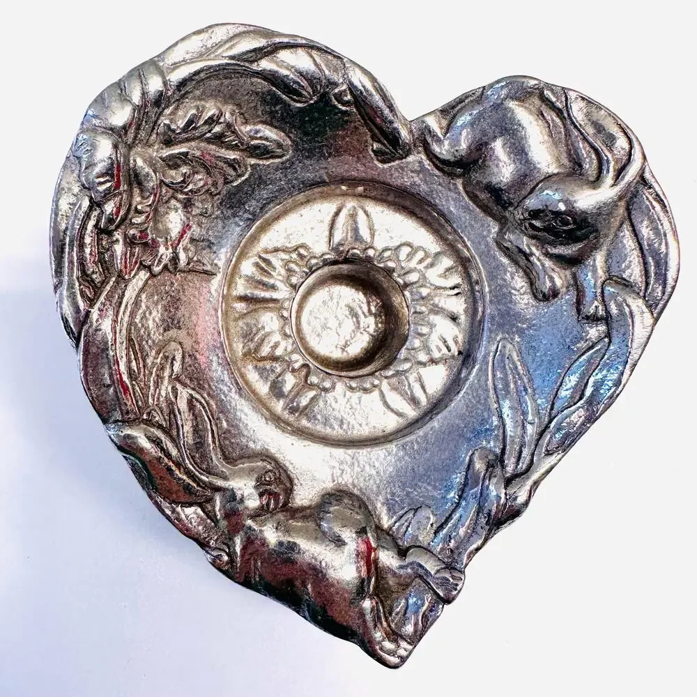 Vintage Arthur Court Heart Pewter Tapered Candlestick Holder Bunny Rabbit